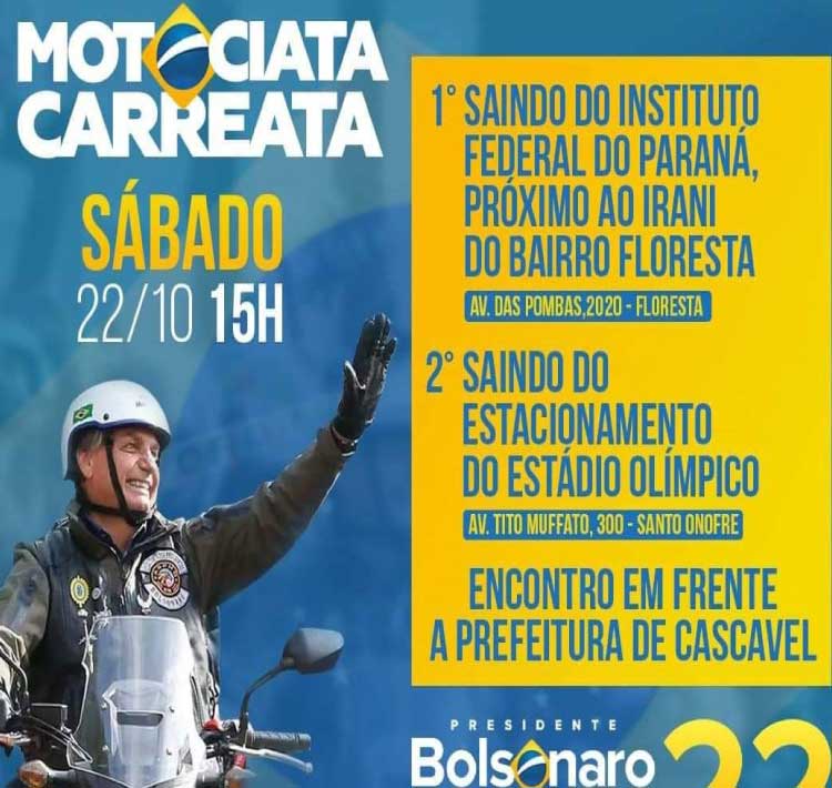Carreatas em apoio a Bolsonaro serão realizadas na região norte e oeste de Cascavel.