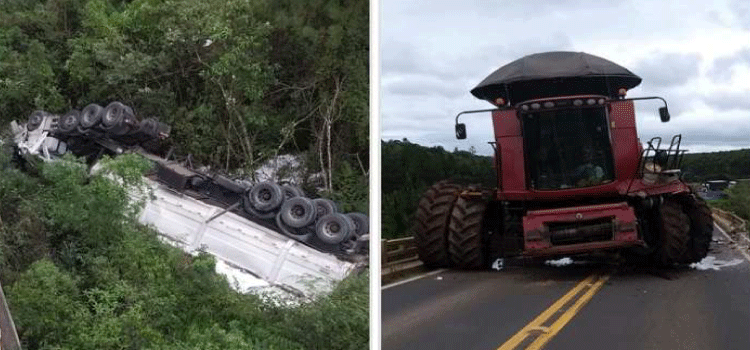 TRÂNSITO: Carreta cai de ponte após colidir em colheitadeira no Paraná.