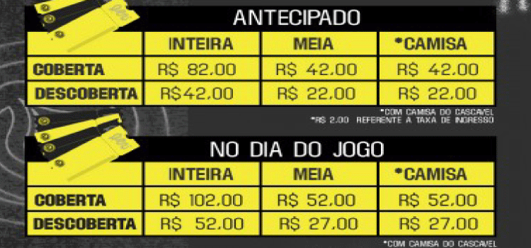 Cascavel divulga tabela de ingressos para o Campeonato Paranaense.