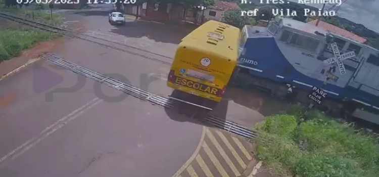 CENAS FORTES: Câmera de segurança mostra momento em que crianças são ejetadas de ônibus e atingidas por trem.