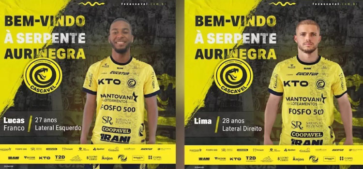ESPORTES: FC Cascavel anuncia dois reforços nas laterais para a sequência da temporada.