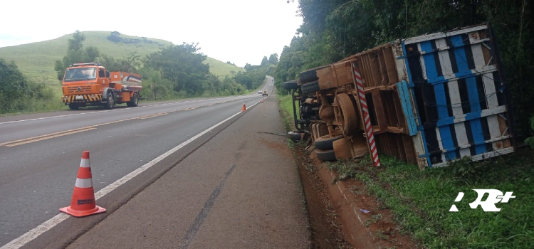 GUARANIAÇU: Caminhão carregado com equinos tomba no KM 515 da BR 277.