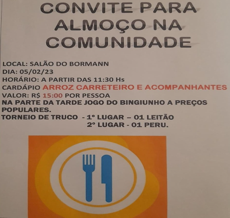 GUARANIAÇU: Comunidade do Bormann realiza almoço no próximo Domingo.
