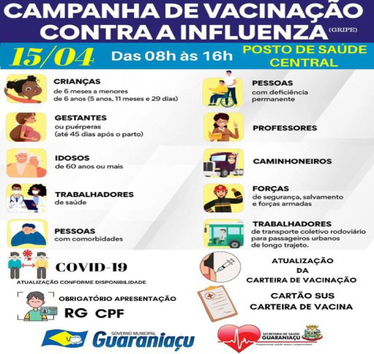 GUARANIAÇU: Dia ‘’D’’ de vacinações contra a Influenza (gripe), acontecerá neste sábado (15) no Posto Central de Saúde.