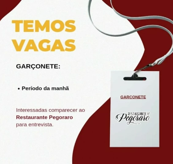GUARANIAÇU: Restaurante Pegoraro dispõe de vaga para Garçonete no período da manhã.