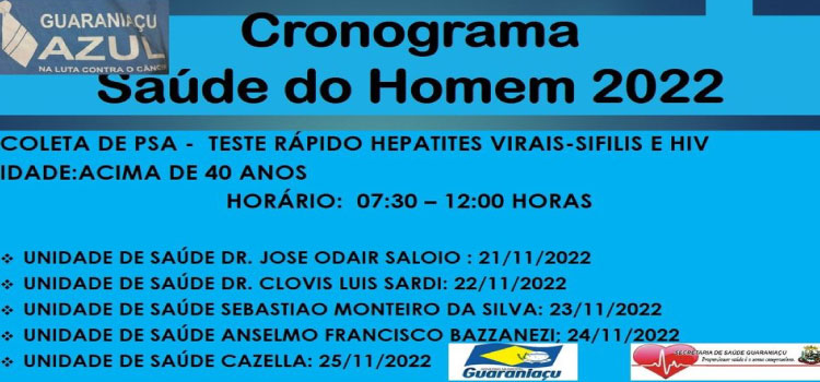 GUARANIAÇU: Secretaria de Saúde convoca homens com idade acima de 40 anos para realização de exames preconizados.