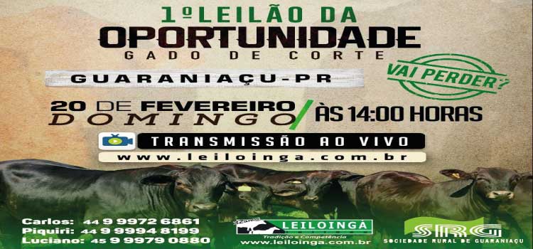 GUARANIAÇU: Sociedade Rural promove seu 1º Leilão da OPORTUNIDADE.
