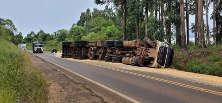 GUARAPUAVA: Caminhão carregado de milho tomba na PR-170 e interdita uma pista da rodovia.