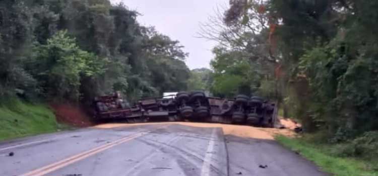 TRÂNSITO: PR-182 interditada por carreta de milho tombada no asfalto.