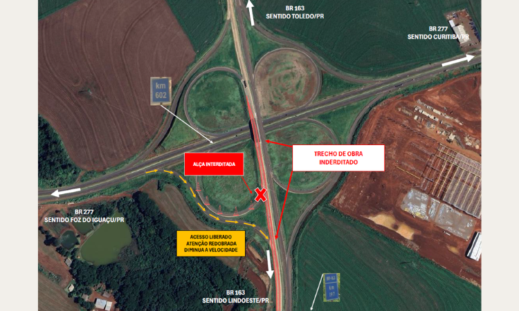 Troca de placas no pavimento rígido demanda interdição de alça do viaduto que interliga as BRs 163 e 277, em Cascavel 